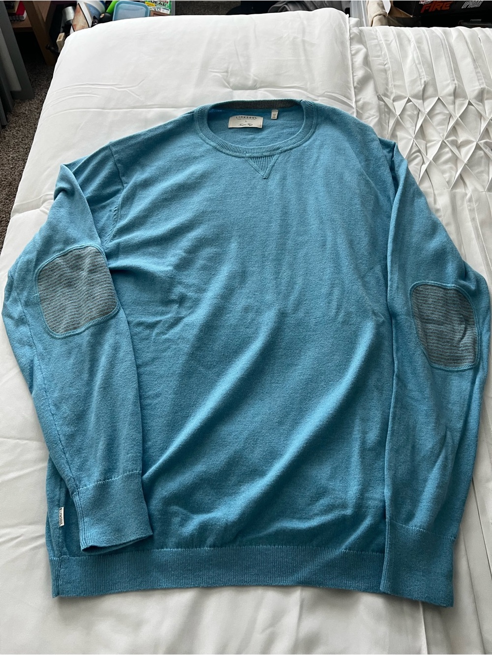 Linksoul Men's Teal Crewneck Sweater with Contrast Elbow Patches